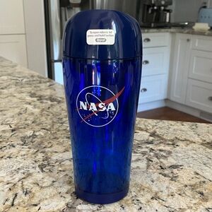Blue NASA Travel Tumbler with robotic lid.